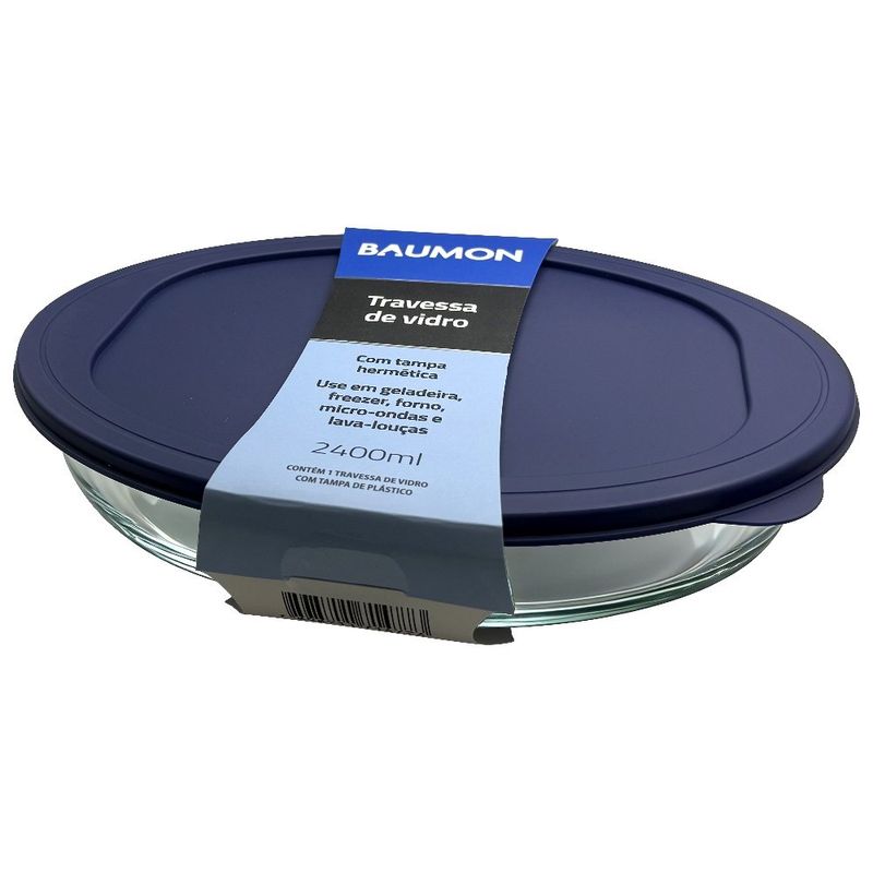 travessa oval de vidro baumon com tampa 2,4 litros