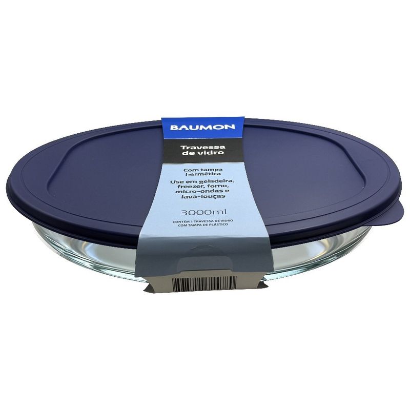 travessa oval de vidro baumon com tampa 3 litros
