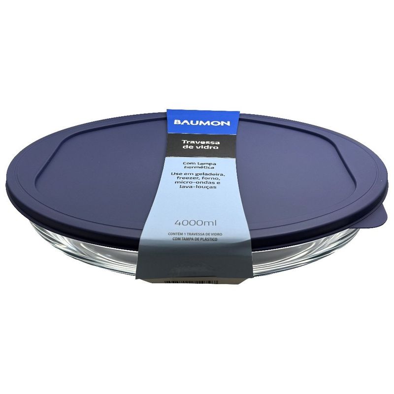 travessa oval de vidro baumon com tampa 4 litros