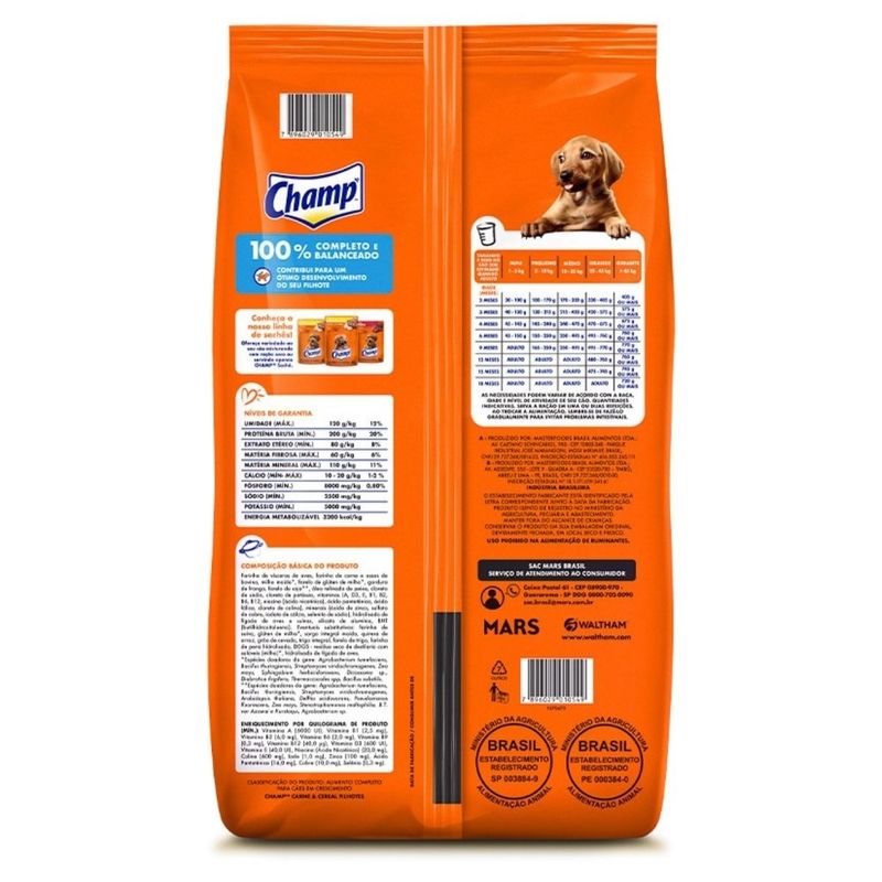 ração para cães filhotes champ carne e cereais 900g (mp)