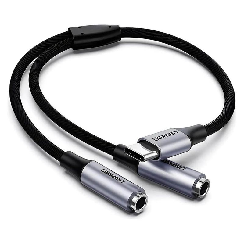 cabo de áudio ugreen av144 usb tipo c para p2 fêmea prata e preto (mp)