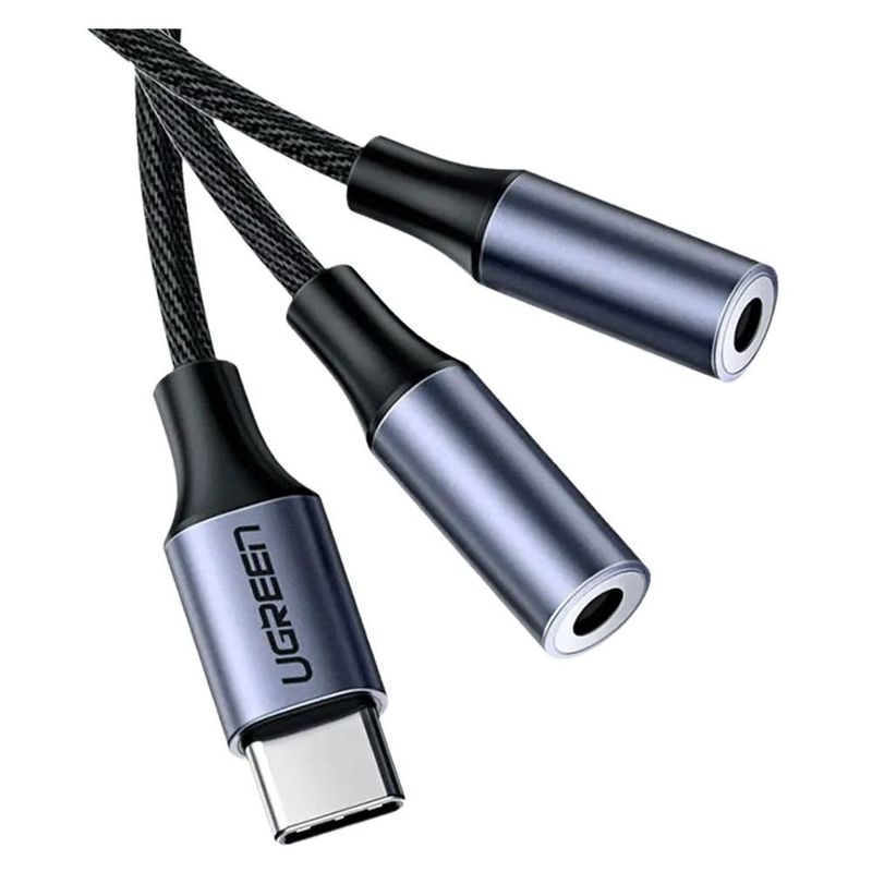 cabo de áudio ugreen av144 usb tipo c para p2 fêmea prata e preto (mp)