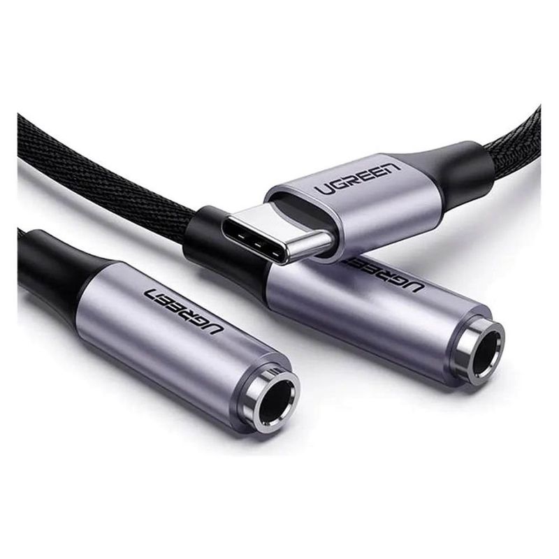 cabo de áudio ugreen av144 usb tipo c para p2 fêmea prata e preto (mp)