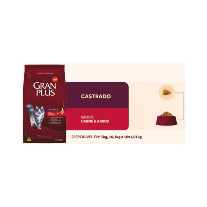ração para gatos castrados granplus menu 10,1kg carne e arroz (mp)