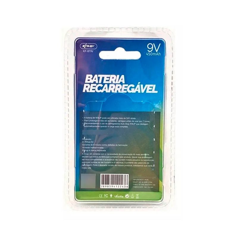 bateria recarregável knup 9v 450mah (mp)