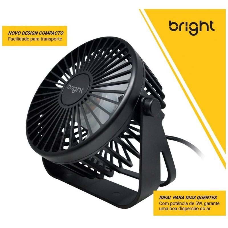 mini ventilador bright usb 13,3cm preto vn001