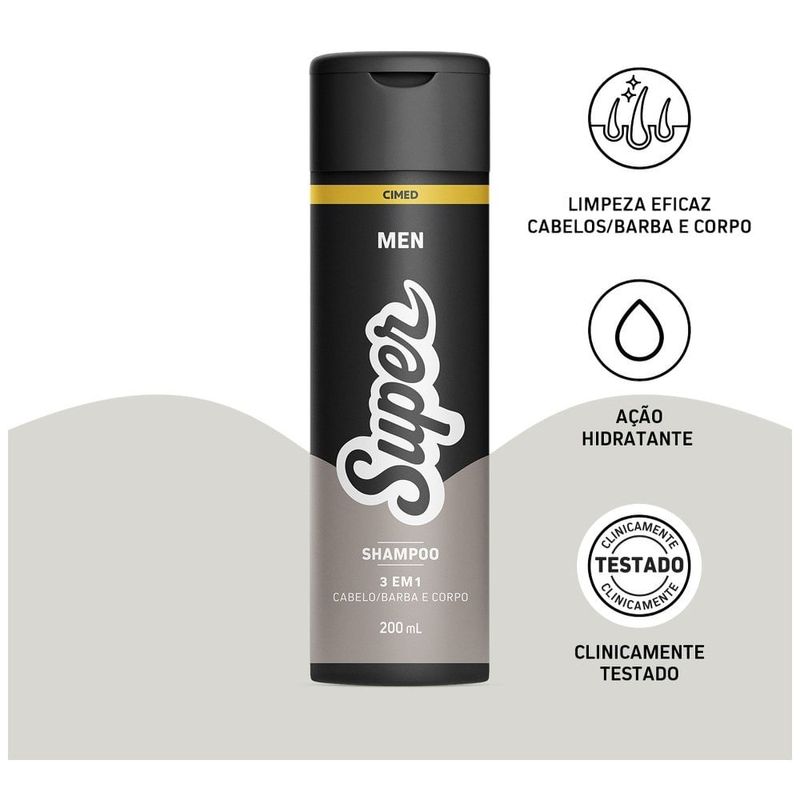 shampoo men super 3 em 1 cabelo barba e corpo 200ml cimed