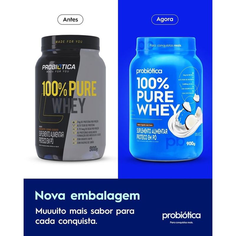 whey protein concentrado 100% pure whey probiótica sabor iogurte com coco 900g