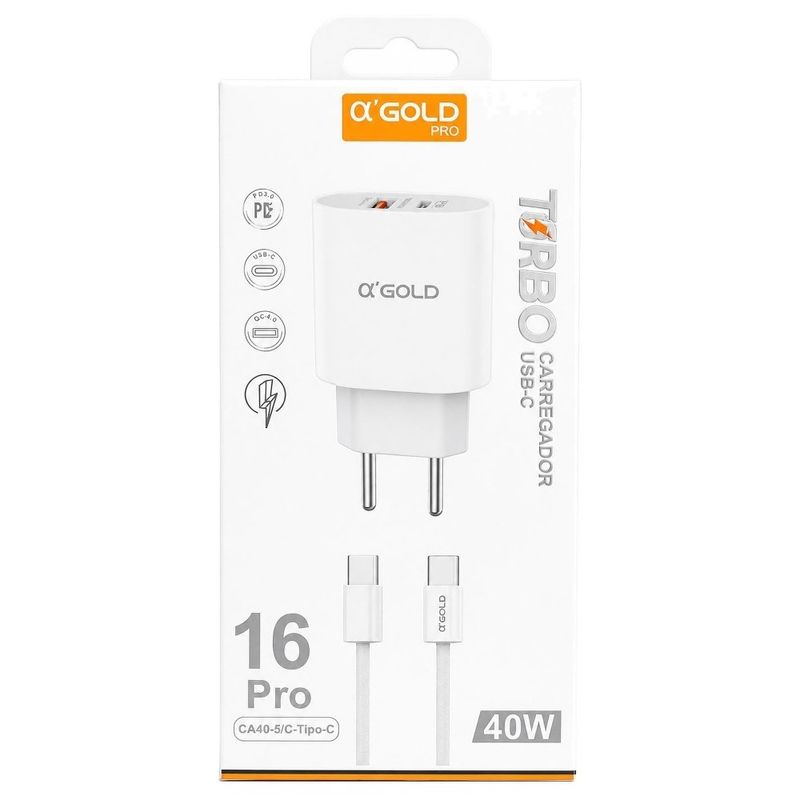 carregador usb-c a'gold ca40-5 turbo 40w (mp)