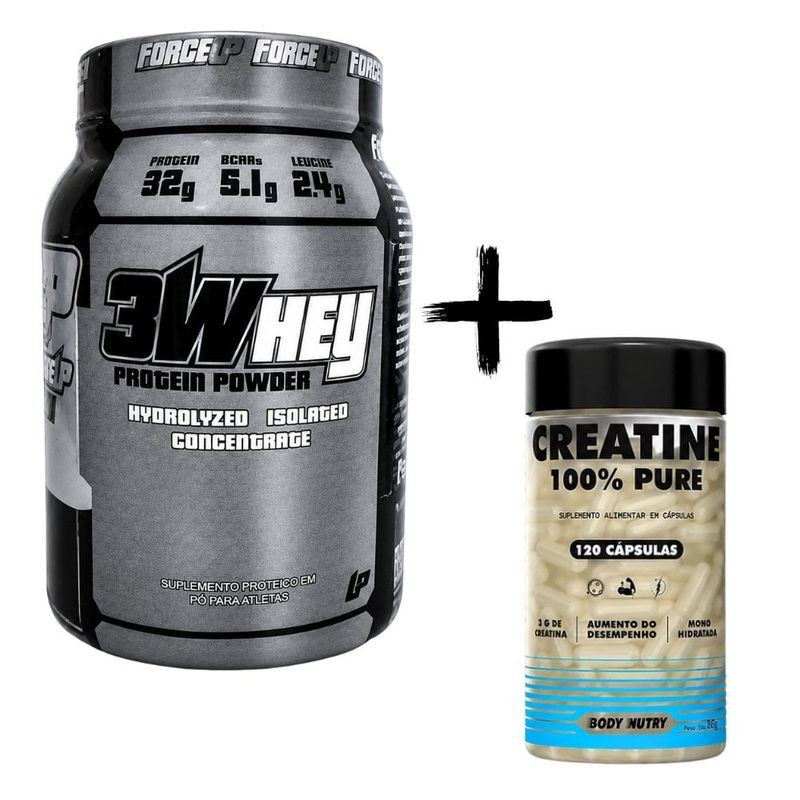 combo mezik whey protein 3w force up 900g doce de leite + creatina body nutrition 120 caps (mp)