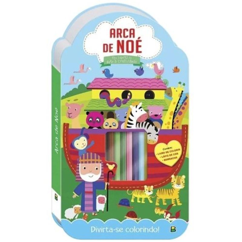 livro meu superkit arca de noé livro de colorir lápis de cor e borracha editora brasileitura (mp)