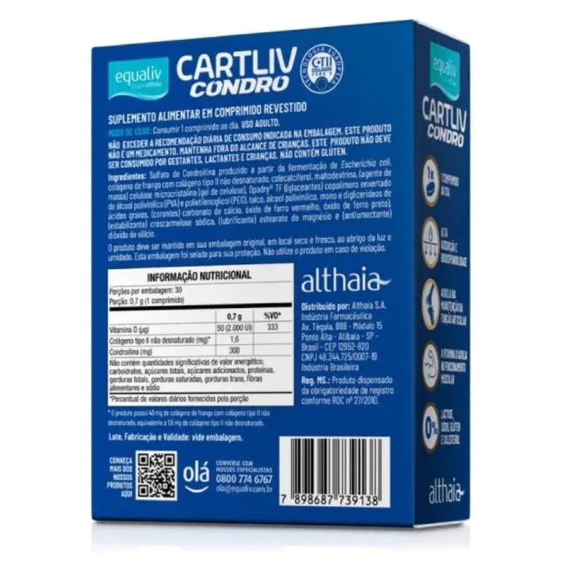 suplemento alimentar equaliv cartliv condro 30 comprimidos althaia