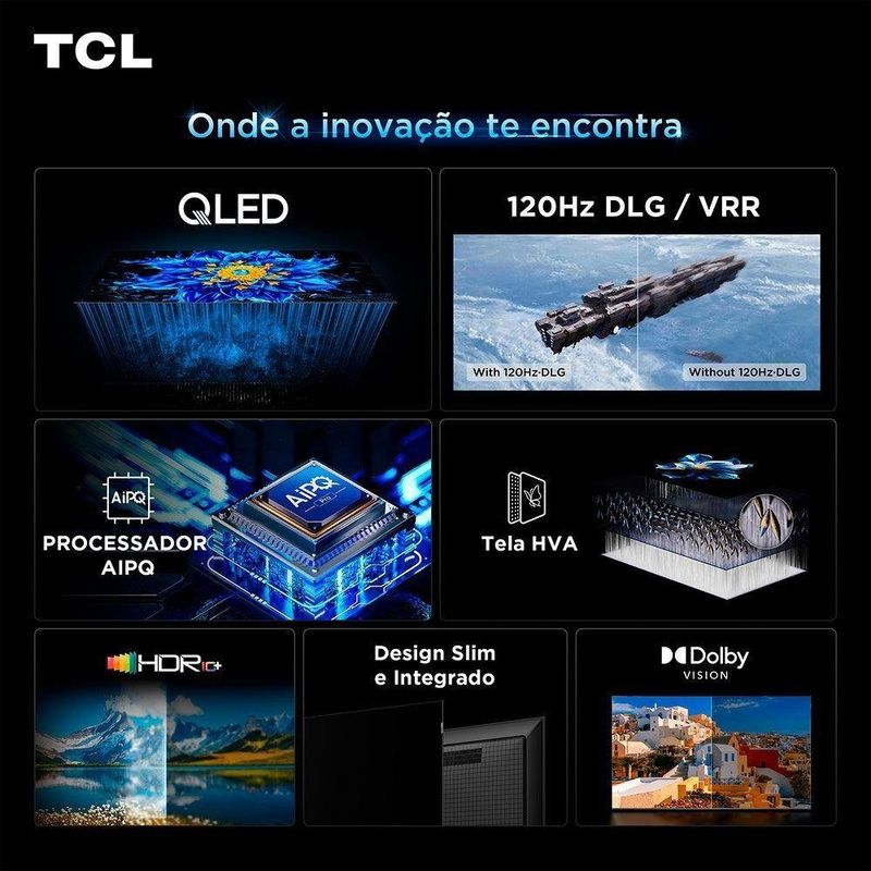 smart tv 75" 4k qled tcl 75p7l google tv até 120hz dolby vision atmos