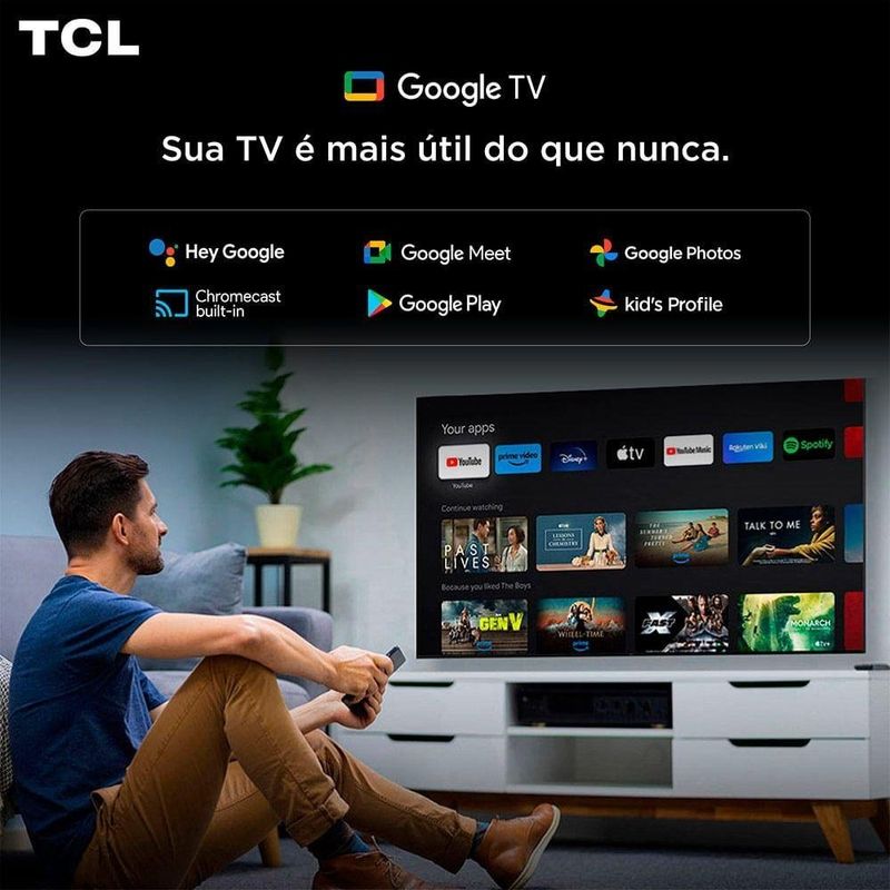 smart tv 65" 4k qled tcl 65p7l google tv até 120hz dolby vision atmos