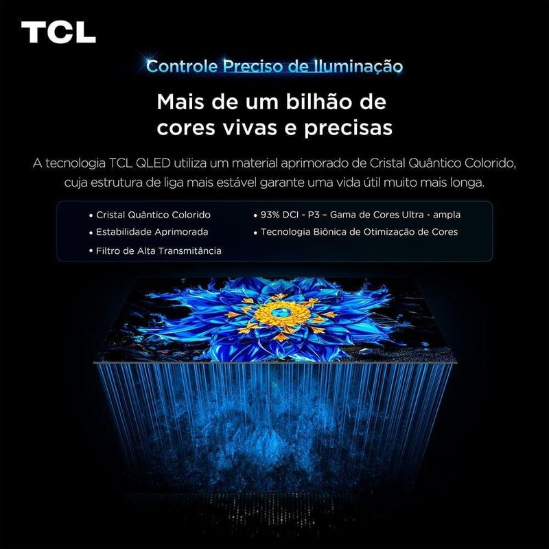 smart tv 65" 4k qled tcl 65p7l google tv até 120hz dolby vision atmos