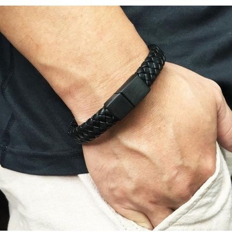 pulseira masculina trançada s/m courino preta 20cm (mp)