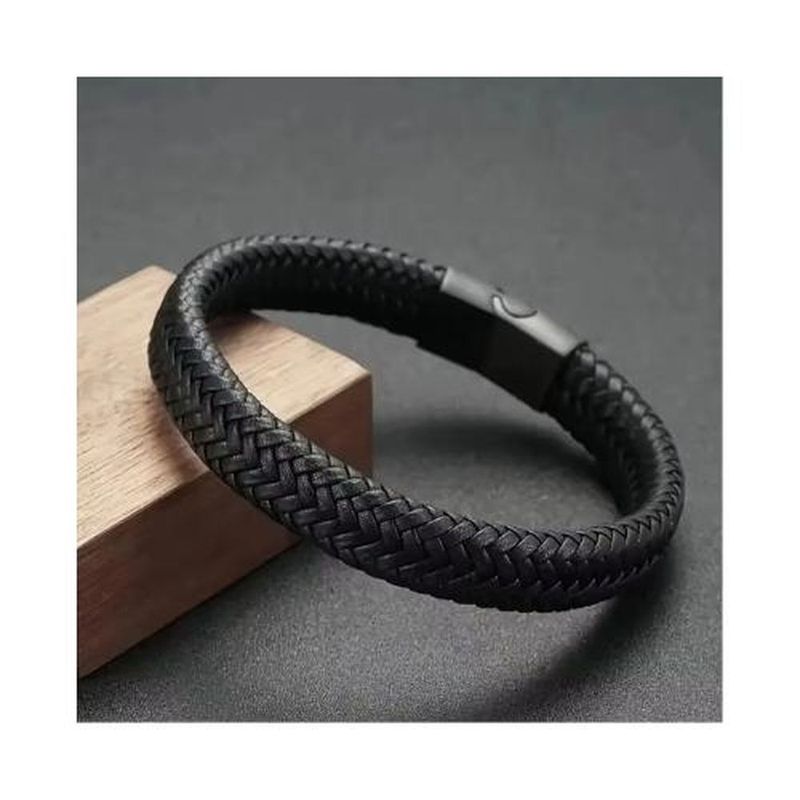 pulseira masculina trançada s/m courino preta 20cm (mp)