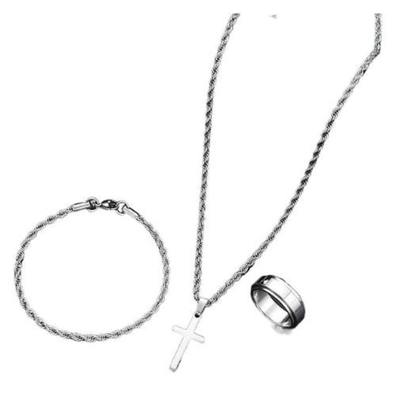 kit joias masculinas 3 peças inox s/m colar pulseira e anel (mp)