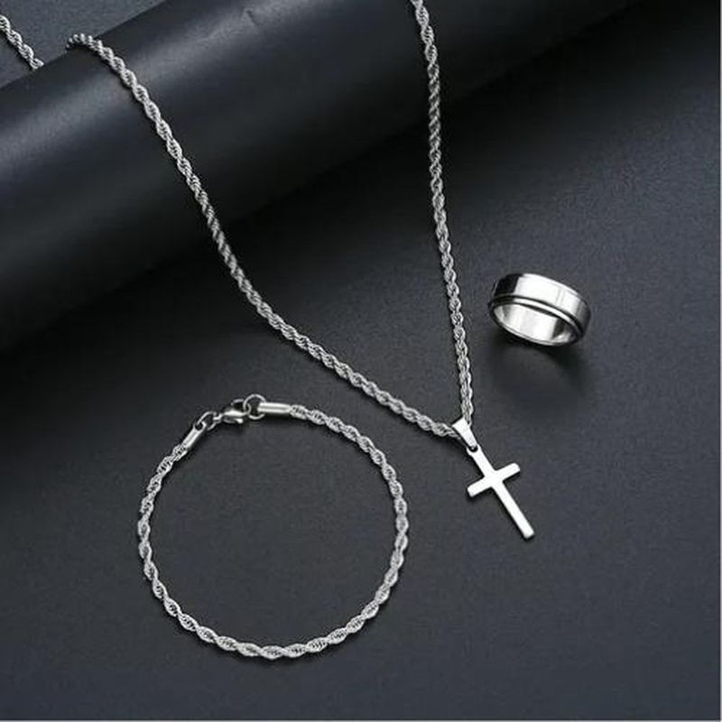 kit joias masculinas 3 peças inox s/m colar pulseira e anel (mp)
