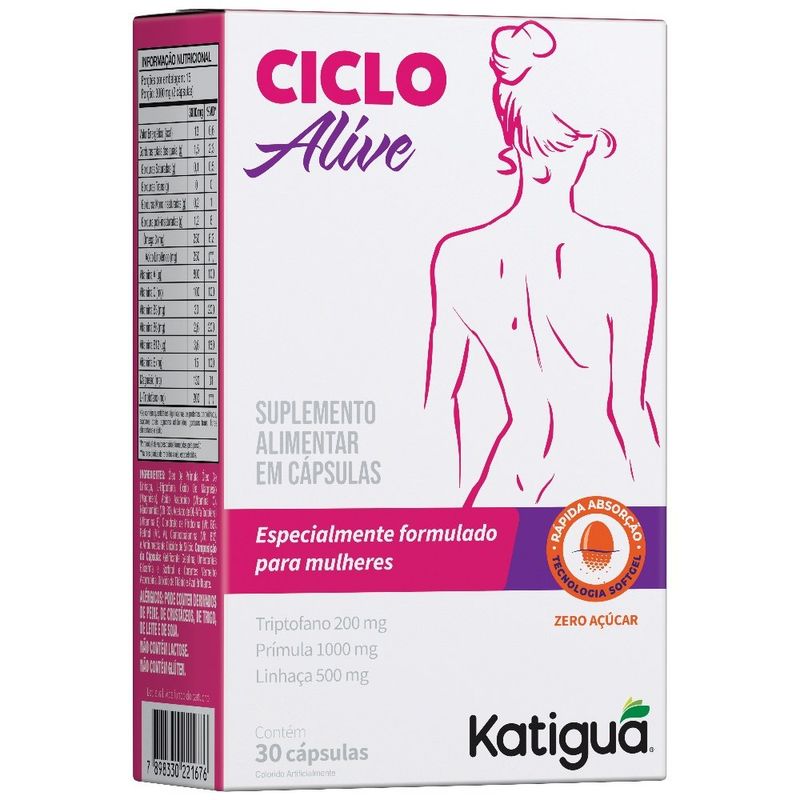 cicloalive triptofano 200mg + óleo de prímula 1000mg + linhaça 500mg 30 cápsulas katiguá