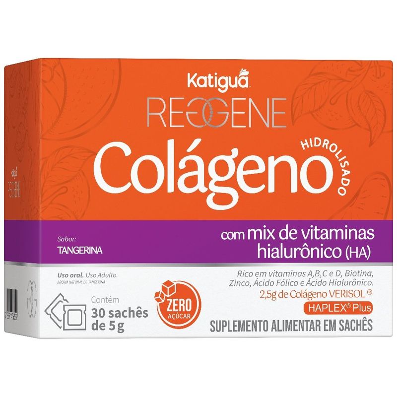 colágeno verisol + ácido hialurônico + mix de vitaminas sabor tangerina 30 sachês reggene katiguá