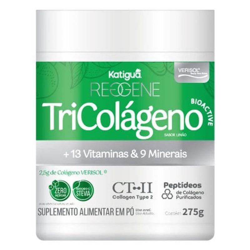tricolágeno verisol + colágeno tipo ii + colágeno hidrolisado 13 vitaminas 9 minerais sabor limão 275g reggene katiguá