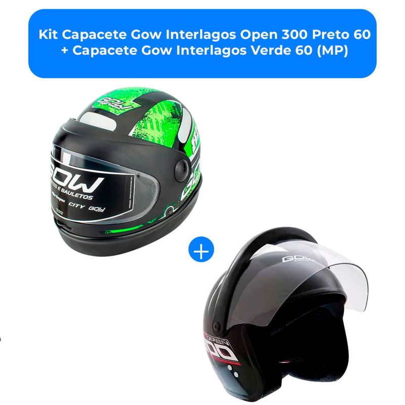 kit capacete gow interlagos open 300 preto 60 + capacete gow interlagos verde 60 (mp)