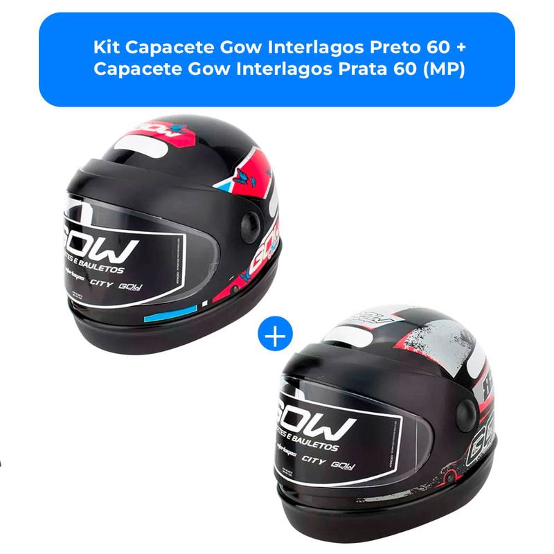 kit capacete gow interlagos preto 60 + capacete gow interlagos prata 60 (mp)