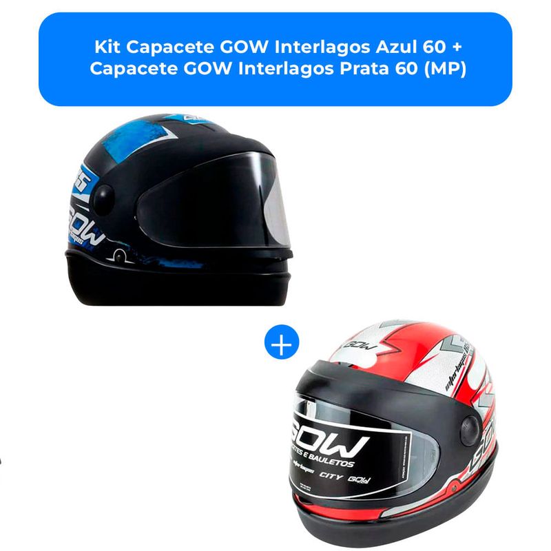 kit capacete gow interlagos azul 60 + capacete gow interlagos prata 60 (mp)