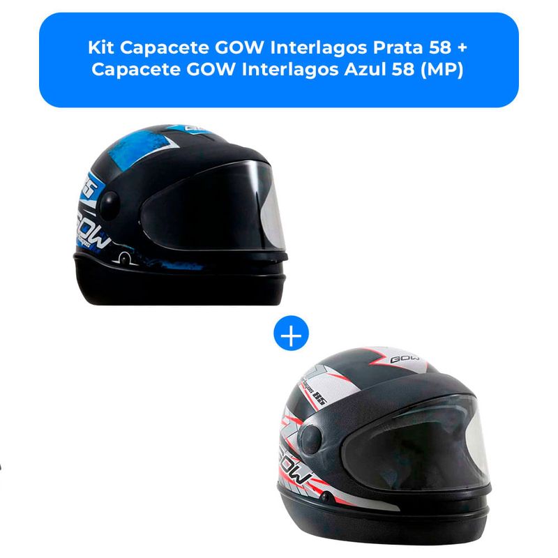kit capacete gow interlagos prata 58 + capacete gow interlagos azul 58 (mp)