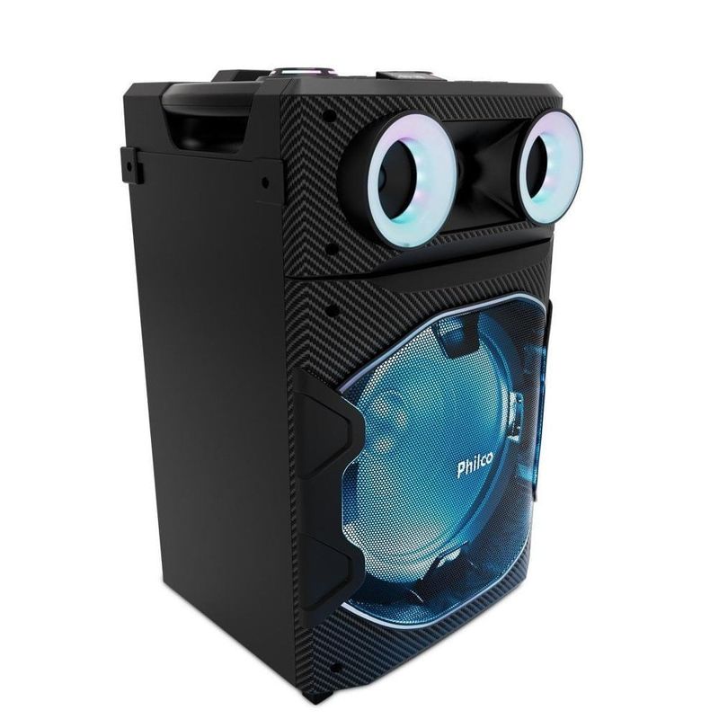 caixa de som amplificada philco bluetooth v5.3 1700w pcx7300 com woofer 12 polegadas, bateria até 15 horas, flash light e tws