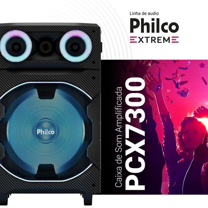 caixa de som amplificada philco bluetooth v5.3 1700w pcx7300 com woofer 12 polegadas, bateria até 15 horas, flash light e tws