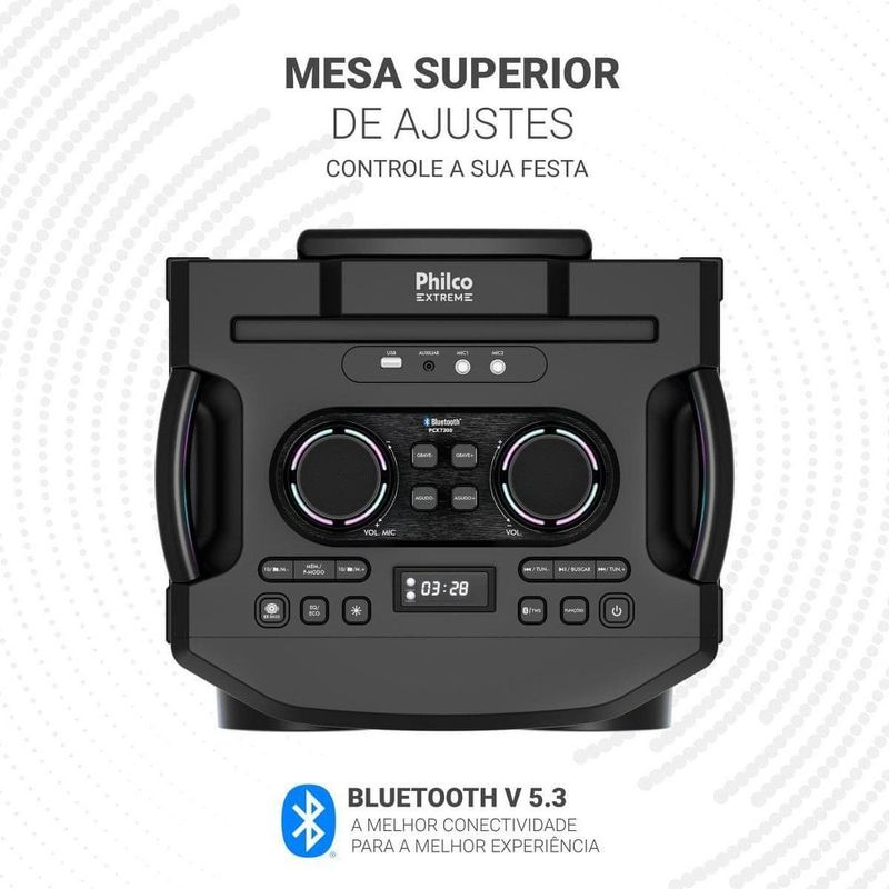 caixa de som amplificada philco bluetooth v5.3 1700w pcx7300 com woofer 12 polegadas, bateria até 15 horas, flash light e tws