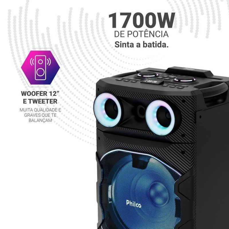 caixa de som amplificada philco bluetooth v5.3 1700w pcx7300 com woofer 12 polegadas, bateria até 15 horas, flash light e tws