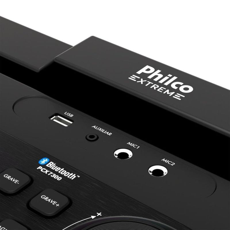 caixa de som amplificada philco bluetooth v5.3 1700w pcx7300 com woofer 12 polegadas, bateria até 15 horas, flash light e tws