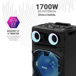 caixa de som amplificada philco bluetooth v5.3 1700w pcx7300 com woofer 12 polegadas, bateria até 15 horas, flash light e tws