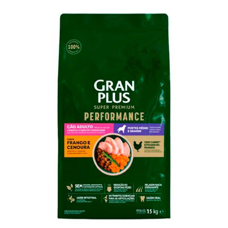 ração cães adultos gran plus performance médios e grandes frango 15kg (mp)
