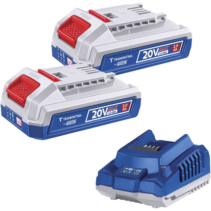 kit 2 baterias 20v e carregador tramontina cor azul e branco 43141525