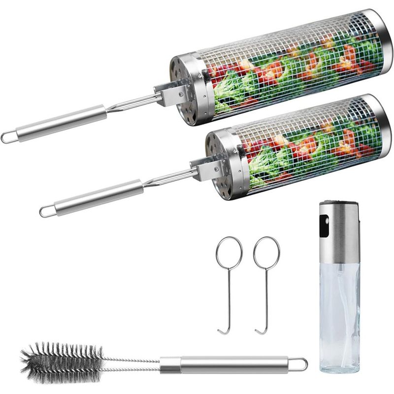 conjunto 2 peças cesto para grelha com rodinhas meytunsin aço inox 304 a-mbi