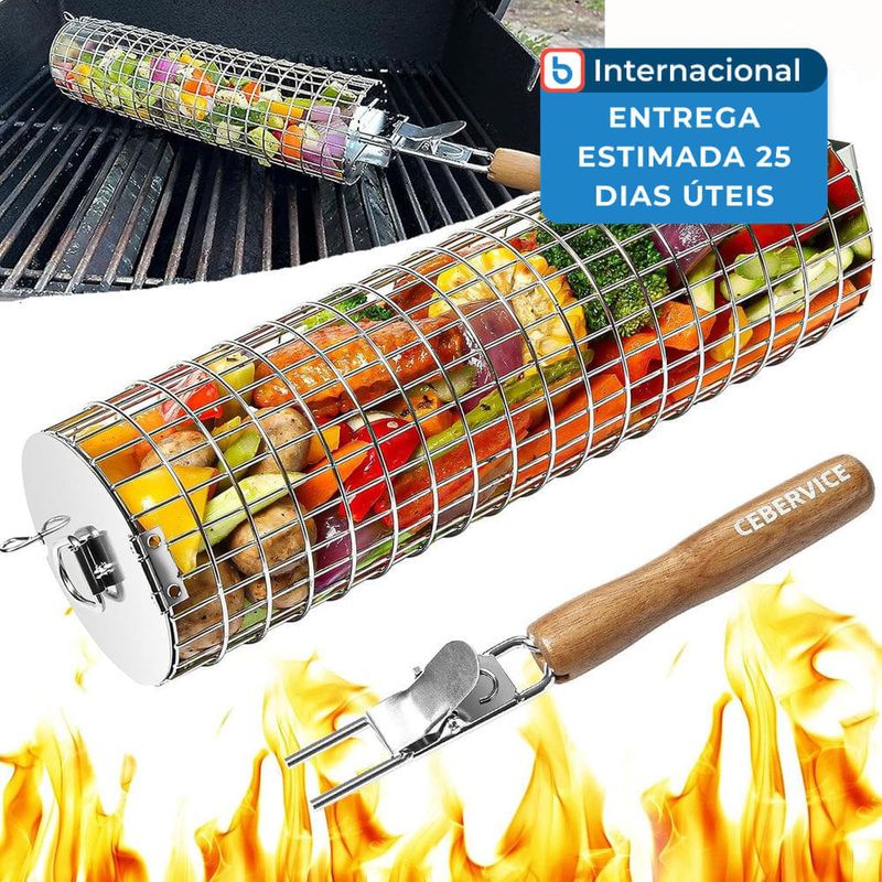 cesto para grelha com cabo de madeira pequeno aço inox 304 a-mbi