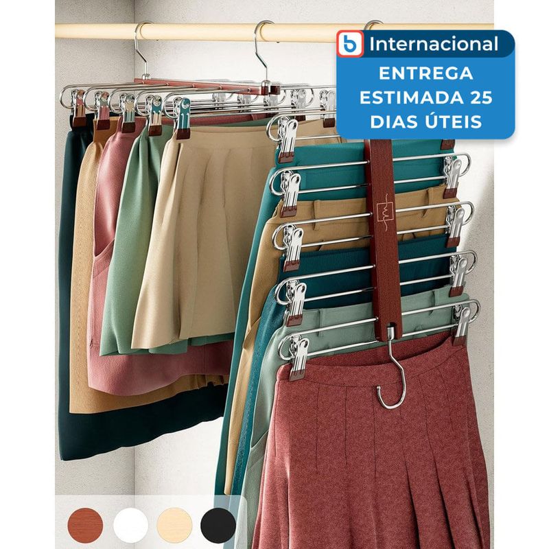 kit 2 peças cabide organizador madeira para 5 roupas moralve mogno a-mbi
