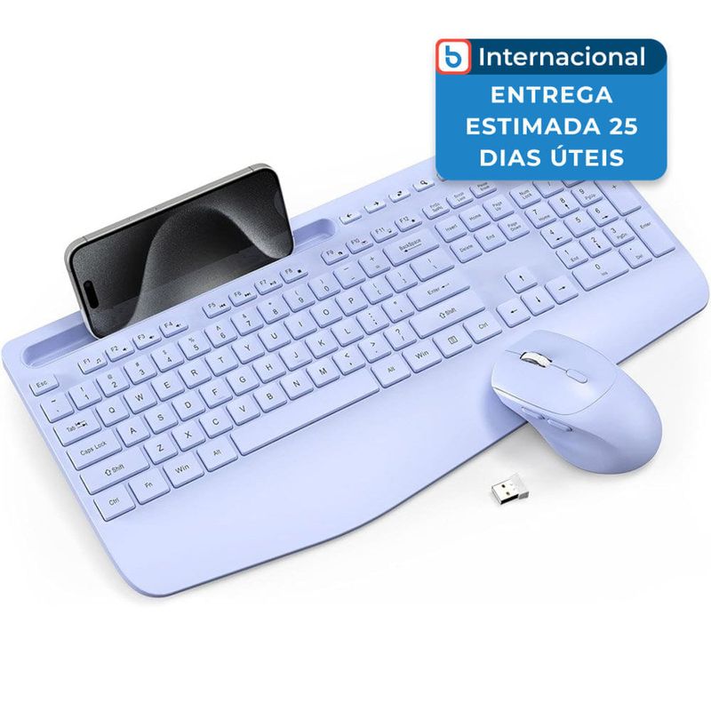 kit 2 peças teclado e mouse sem fio ergonômico 2,4ghz trueque cor roxo a-mbi