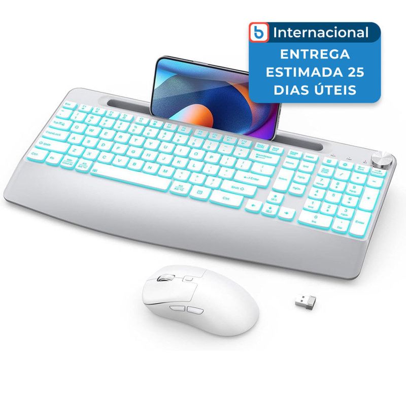 kit 2 peças teclado e mouse sem fio 2,4ghz retrô iluminado gamcatz cor branco a-mbi