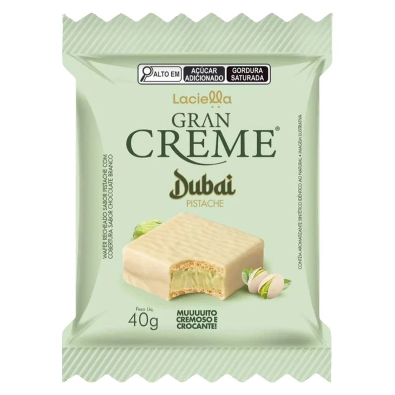 wafer recheado gran creme dubai sabor pistache chocolate branco 40g
