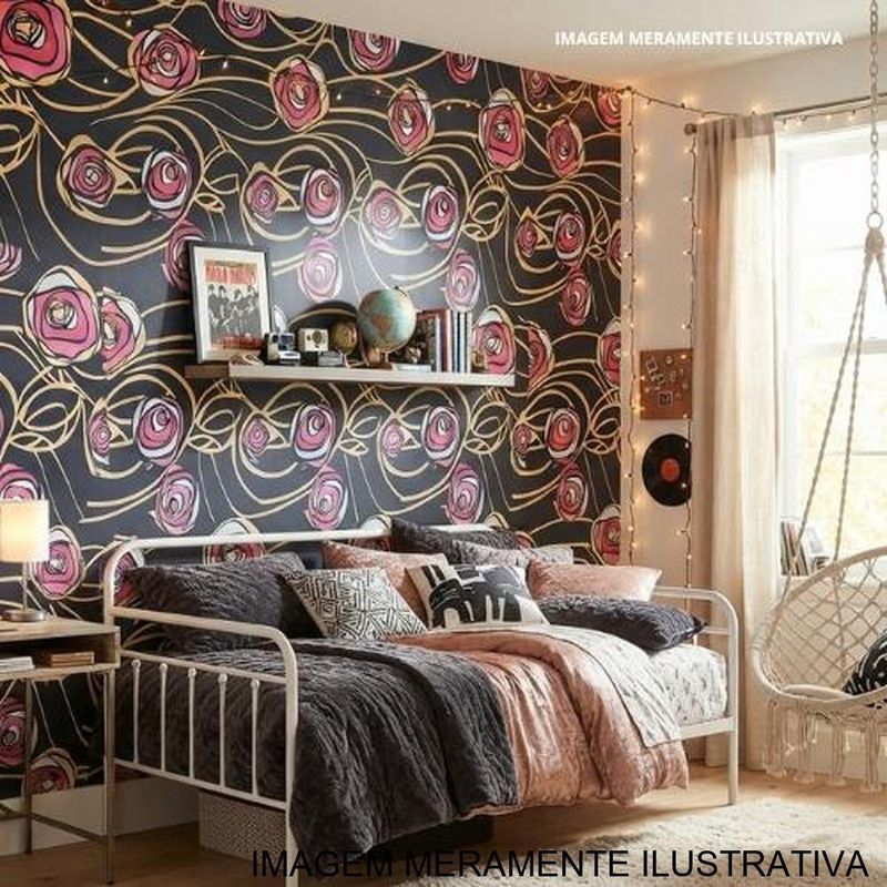 papel de parede roses s/m preto e rosa 50x1000cm (mp)
