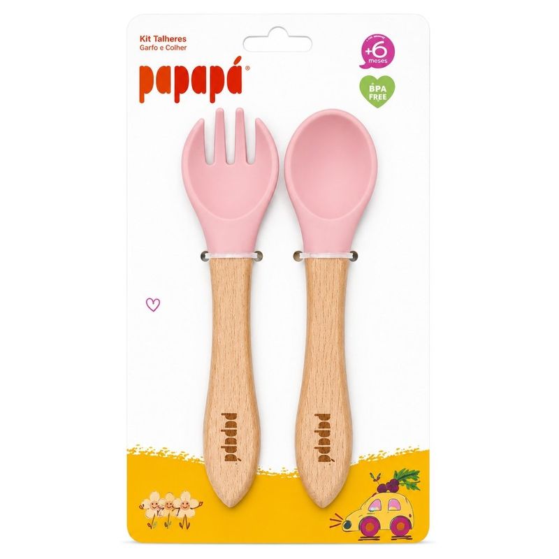 kit talheres infantil papapá colher e garfo silicone madeira rosa 5668