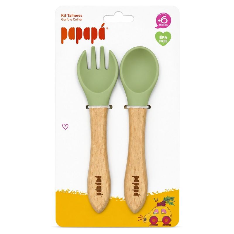 kit talheres infantil papapá colher e garfo silicone madeira verde 5651