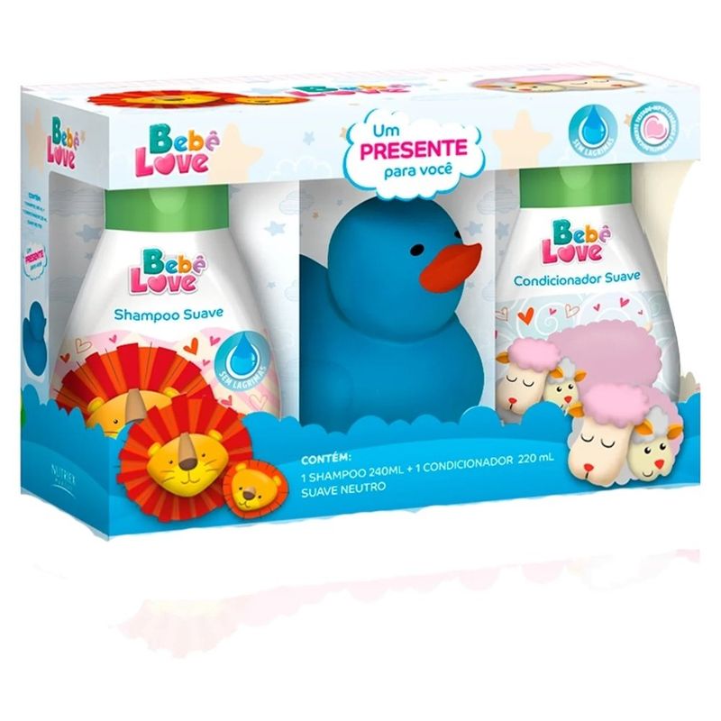 kit bebe love suave e neutro shampoo 240ml + condicionador 220ml + 1 pato de borracha azul