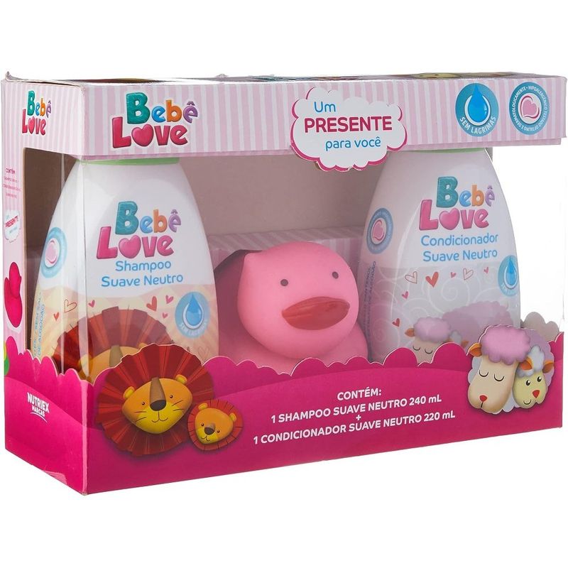 kit bebe love suave e neutro shampoo 240ml + condicionador 220ml + 1 pato de borracha rosa