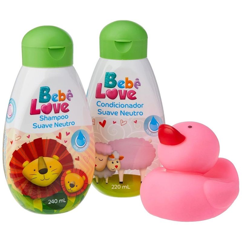 kit bebe love suave e neutro shampoo 240ml + condicionador 220ml + 1 pato de borracha rosa